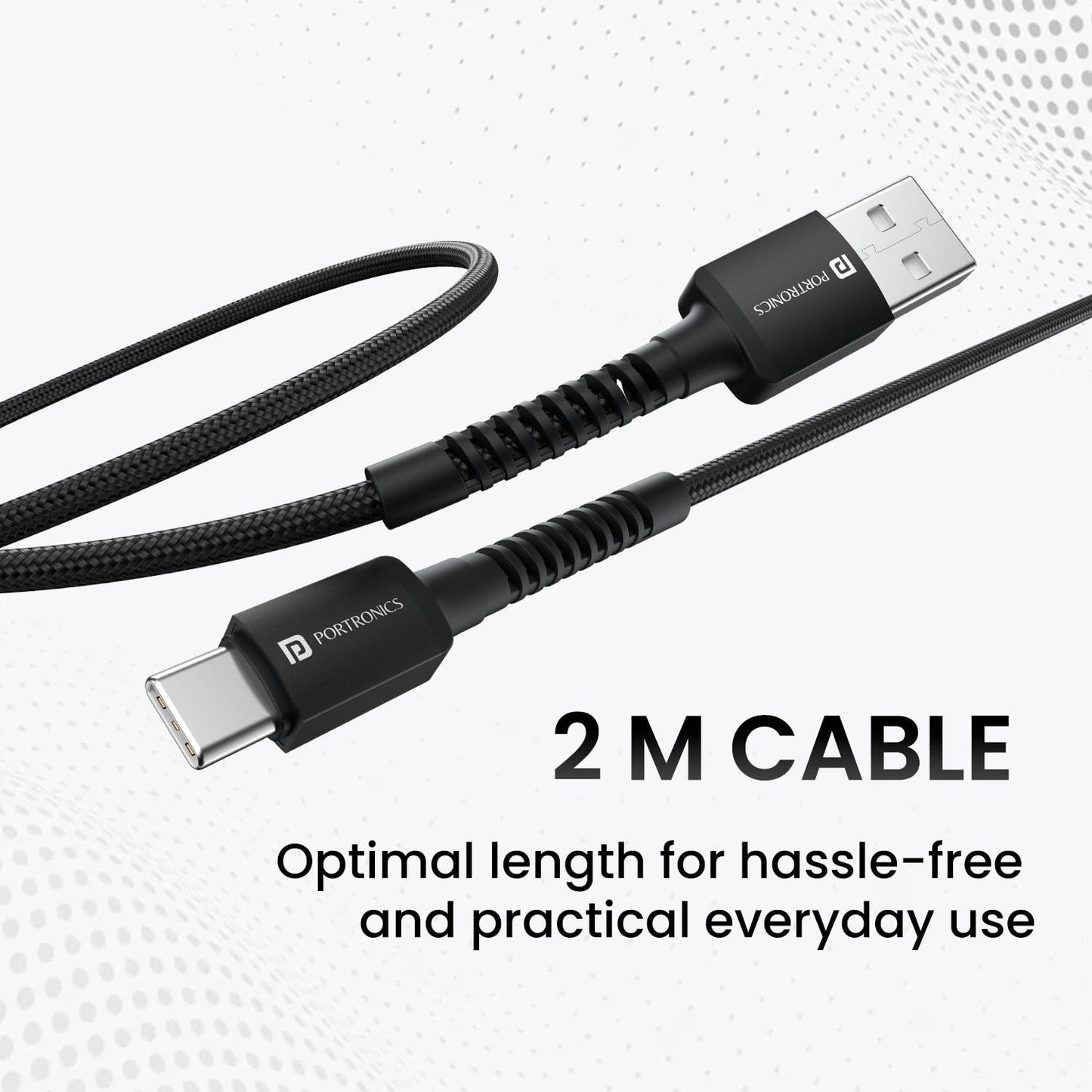 Portronics Konnect X 3A Unbreakable Nylon Braided USB to Type C Fast Charging Cable 2M Long, Supports All Type C Smartphones and Devices(Black)