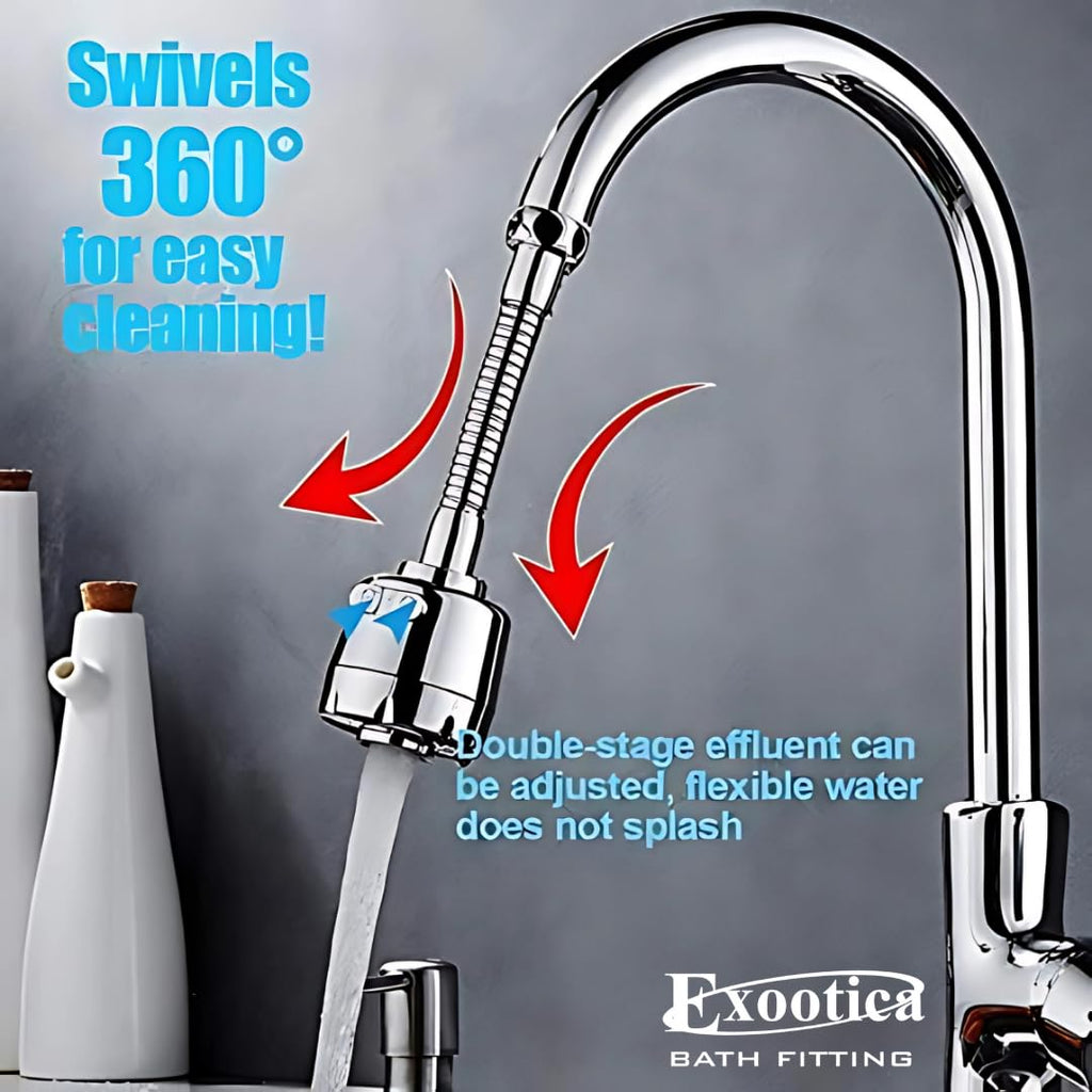 EXOOTICA Turbo Flex 360° Rotatable Faucet Extender | Kitchen Tap Extender with Hose & Universal Connector | 2-Mode Anti-Splash Nozzle Head Replacement (Silver)