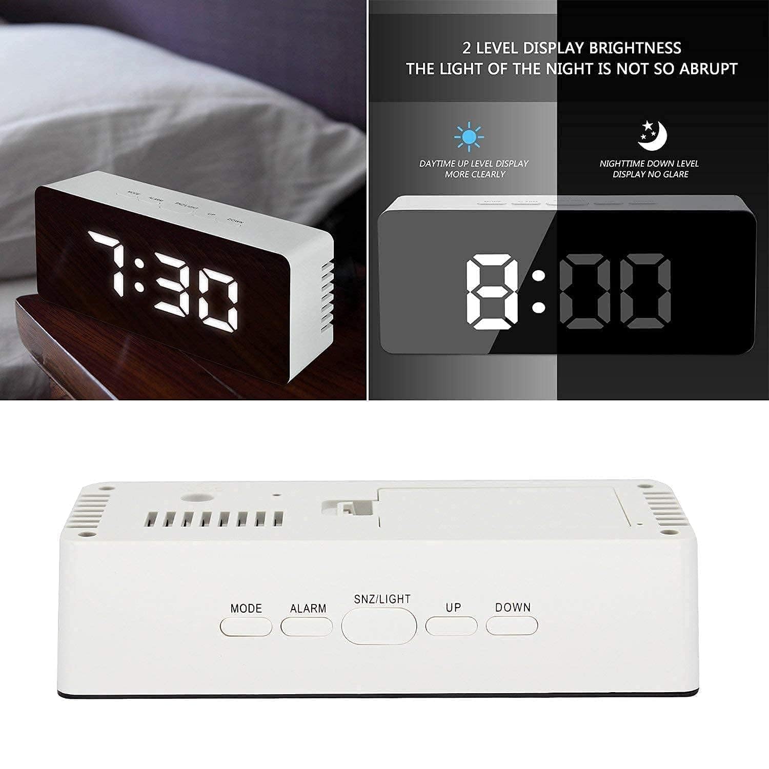 BUQARO Digital LED Mirror Alarm Clock with Temperature & Date Display | Smart Table Clock with Auto Sensor, Loud Alarm Ideal for Heavy Sleepers, Bedroom and Office Use (Transparent)