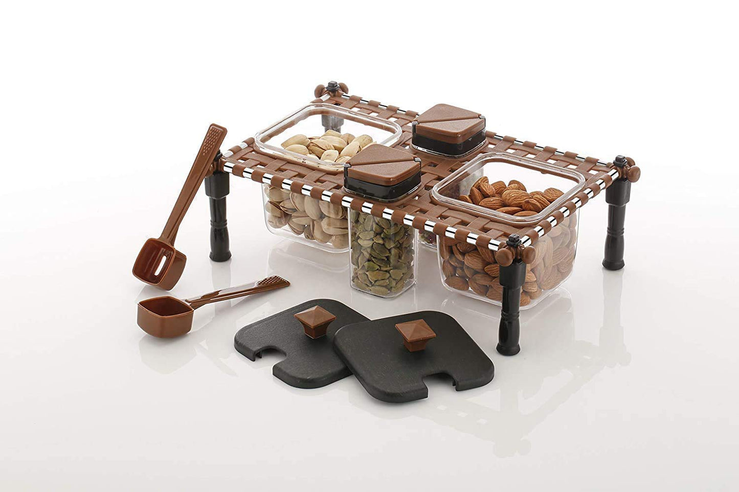 Unican Coddle Traditional Indian Cot Type Plastic Spice and Pickle Container CharPai Set Kitchen Utensil Salt and Pepper Set for Dining Table