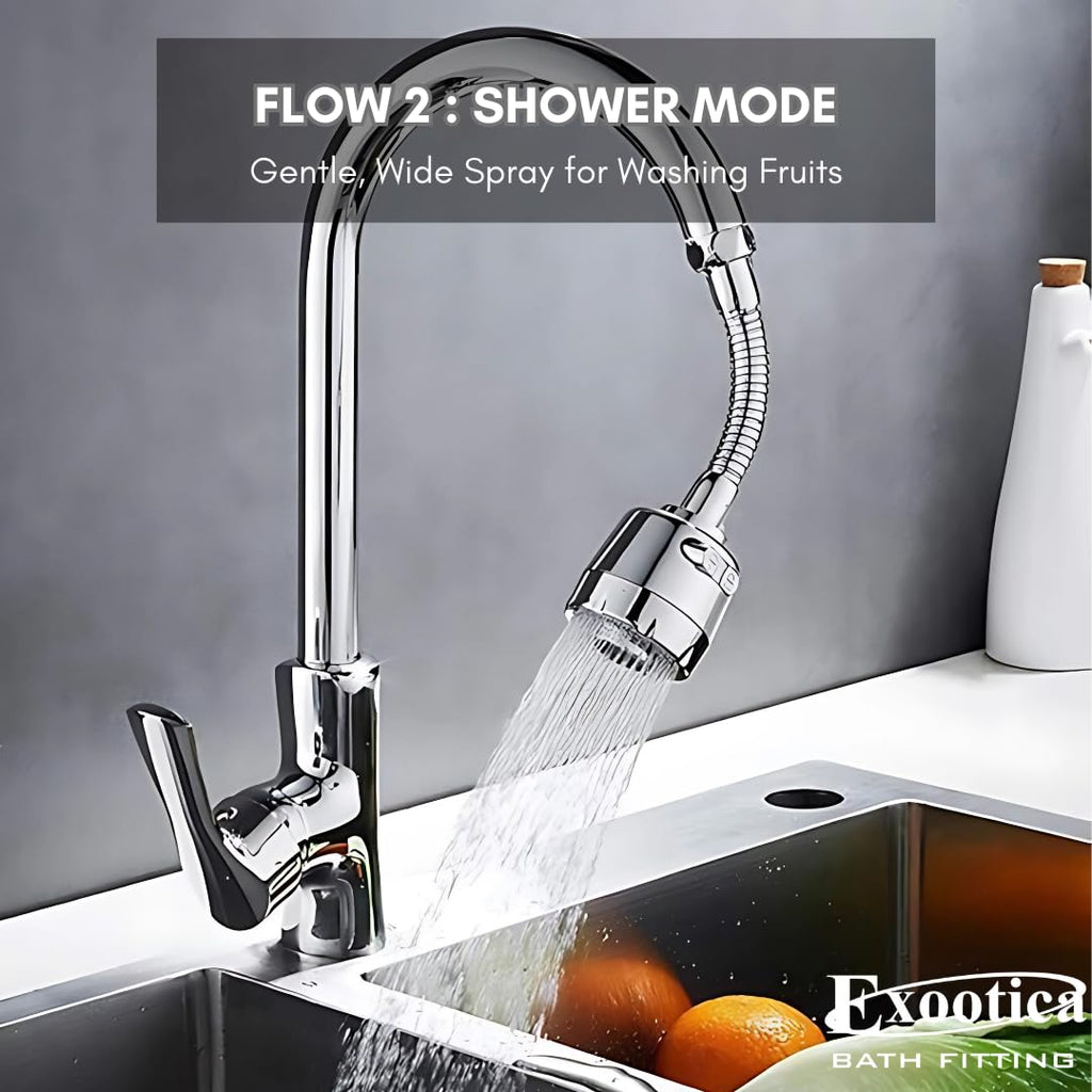 EXOOTICA Turbo Flex 360° Rotatable Faucet Extender | Kitchen Tap Extender with Hose & Universal Connector | 2-Mode Anti-Splash Nozzle Head Replacement (Silver)