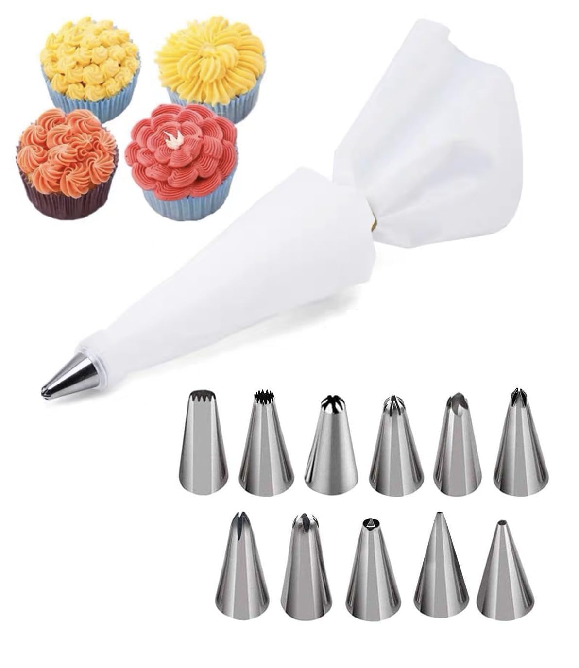 DHULI 12Pcs Stainless Steel Cake Decorating Set with Frosting Icing and Piping Bag & Coupler Cupcake Muffin Decor Baking Tool Reusable & Washable (Multicolor)