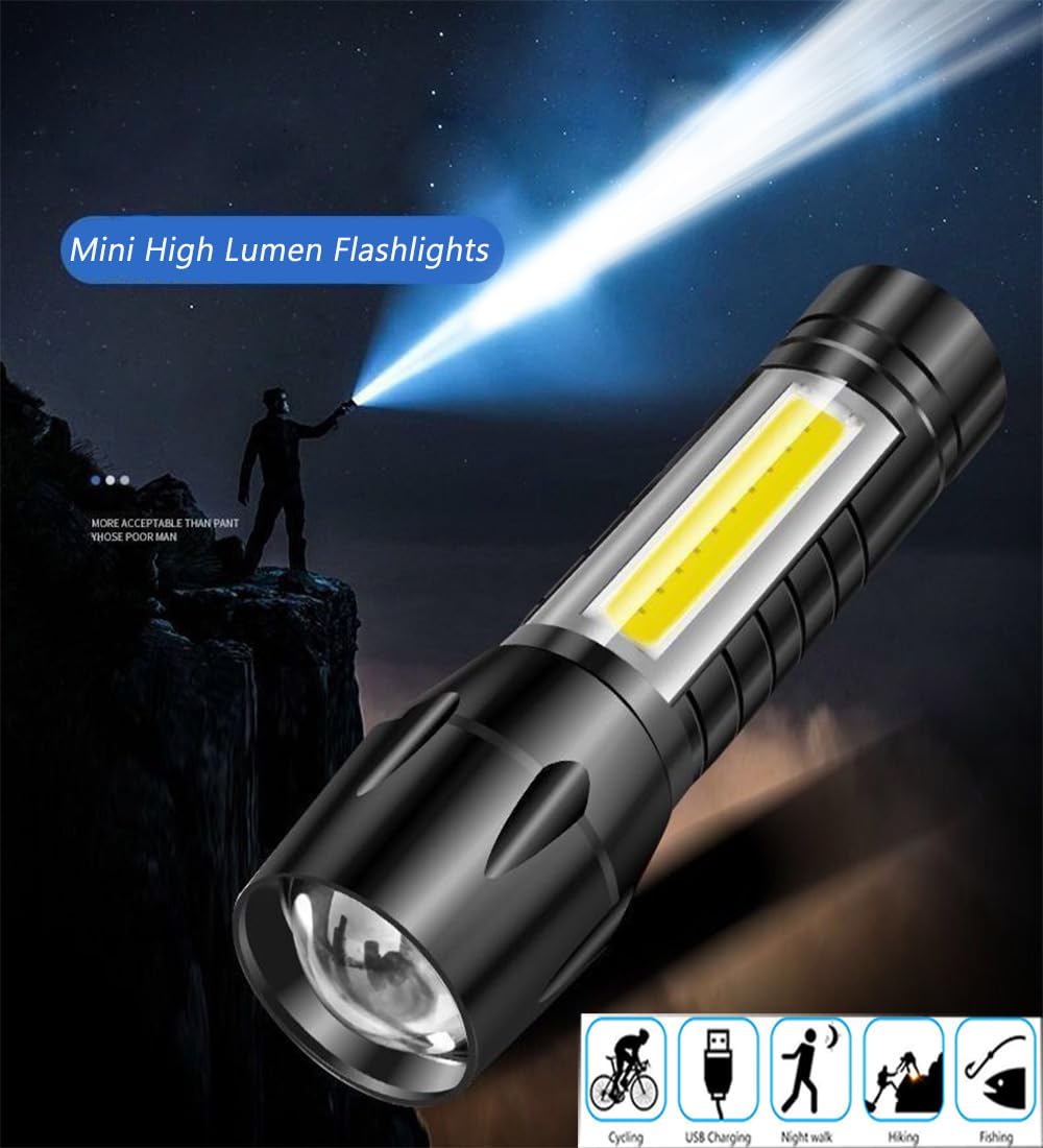 DOTCOM LED Emergency Handheld Flashlight USB Rechargeable Flashlight 3 Modes Adjustable Focus,Portable Waterproof LED Flashlight with COB Side Lights，Best Tactical Torch for Hurricane (1pack)