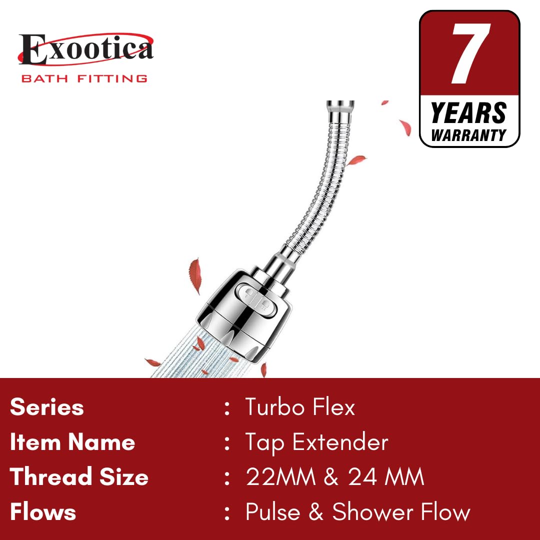 EXOOTICA Turbo Flex 360° Rotatable Faucet Extender | Kitchen Tap Extender with Hose & Universal Connector | 2-Mode Anti-Splash Nozzle Head Replacement (Silver)