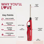 Habitat Refillable Gas Lighter for Kitchen & Home Use | Multipurpose Lighter for Gas Stove, Diya, Candle, BBQ Grill, Bonfire & Camping | Adjustable Flame with Child Lock Safety (Red)