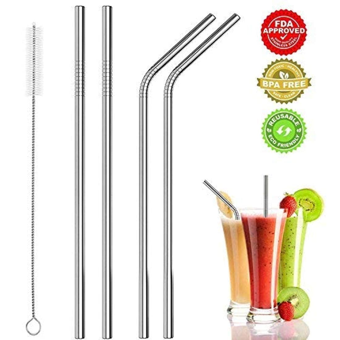 KBS Stainless Steel Straws for Drinking with Cleaning Brush for Kids and Adults Reusable Metal Straw Set Drinking Juice & Drinks Reusable Straw Pipe (2 Bent + 2 Straight +1 Brush)