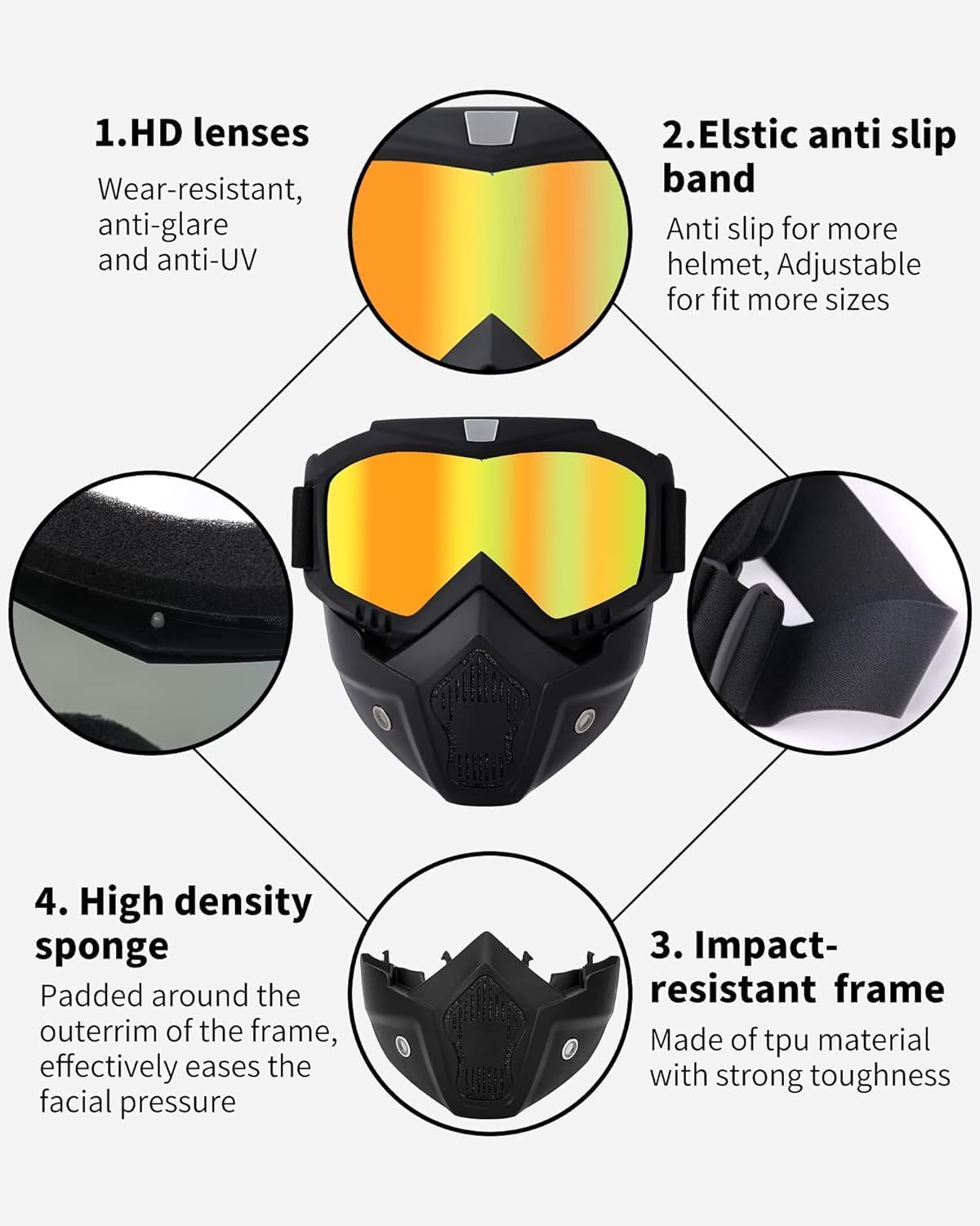 Goggle Mask Anti Scratch UV Protective Open Face & Eyewear Windproof Dirt Shield Adjustable Strap Soft Foam Padded Detachable for Cycling Bike Off Road Racing Riding Unisex (Black) (Orange)