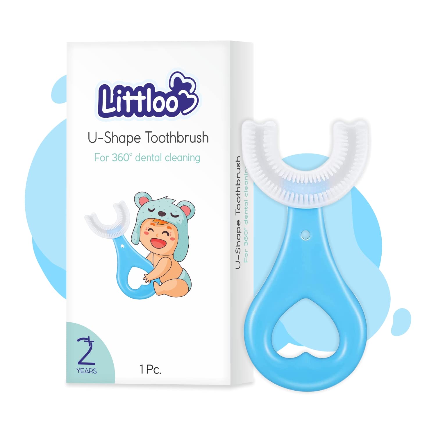 LITTLOO Baby U -Shaped Silicone Manual Tooth Brush With Soft & Elastic Bristles For Complete 360 Degree Dental Cleaning, Specially Designed For Toddlers & Children - (Blue)
