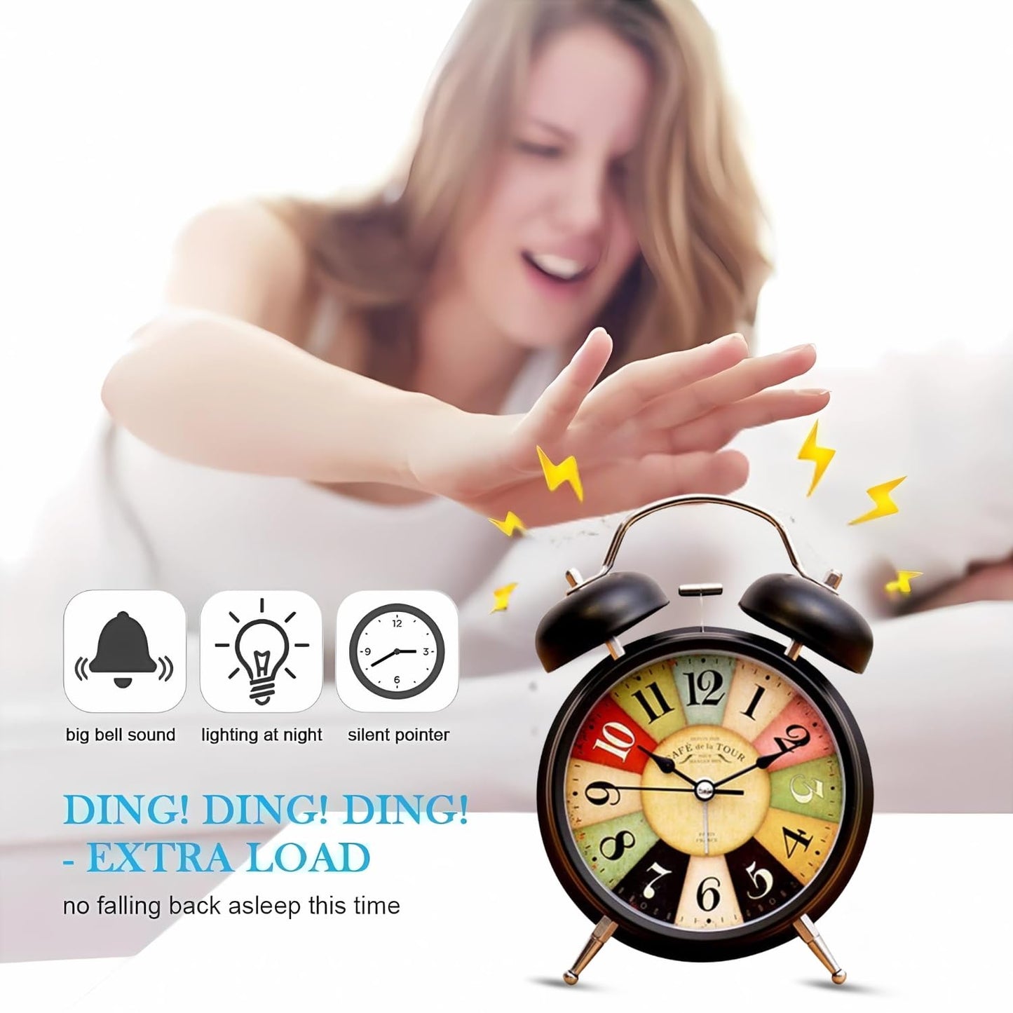 Umi Vintage Twin Bell Alarm Clock, Battery Operated with Night Backlight & Silent Movement for Bedroom & Office (Black)