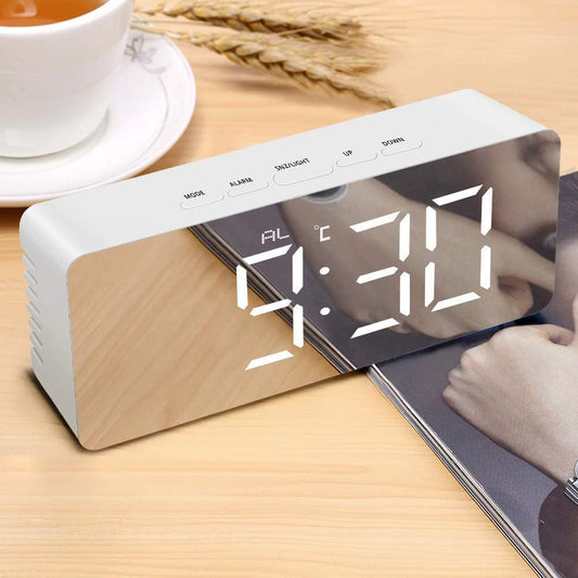 BUQARO Digital LED Mirror Alarm Clock with Temperature & Date Display | Smart Table Clock with Auto Sensor, Loud Alarm Ideal for Heavy Sleepers, Bedroom and Office Use (Transparent)