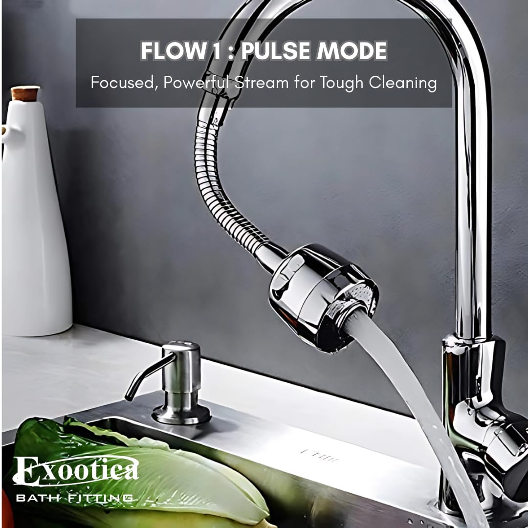 EXOOTICA Turbo Flex 360° Rotatable Faucet Extender | Kitchen Tap Extender with Hose & Universal Connector | 2-Mode Anti-Splash Nozzle Head Replacement (Silver)