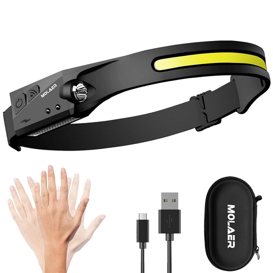 MOLAER Rechargeable LED Headlamp, 230° Illumination Headlight with Motion Sensor, Lightweight, Weatherproof, 2 Light Source Head Lamp Flashlight for Camping, Hiking, Running, Outdoor Adults and Kids