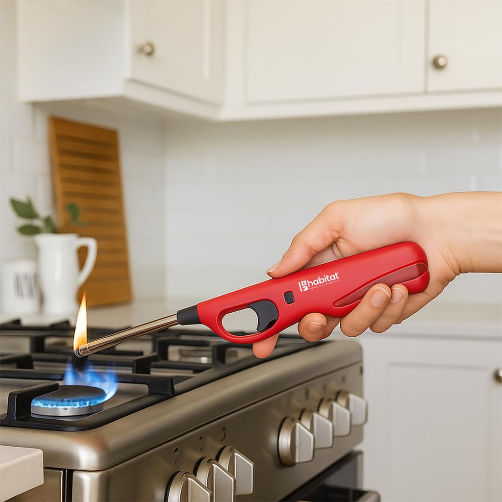 Habitat Refillable Gas Lighter for Kitchen & Home Use | Multipurpose Lighter for Gas Stove, Diya, Candle, BBQ Grill, Bonfire & Camping | Adjustable Flame with Child Lock Safety (Red)