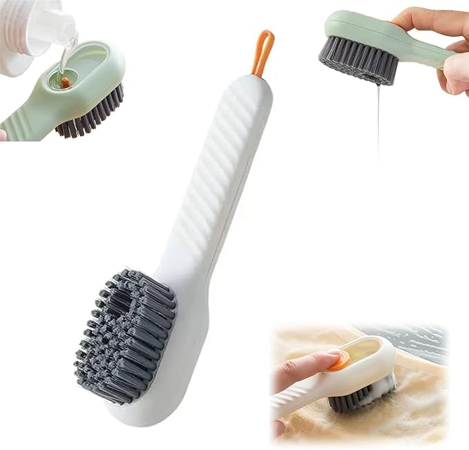 Multifunctional Liquid Shoe Brush with Liquid Box, Adding Liquid Filled Brush with Soap Dispenser Press Type, Long Handle Shoe Cleaner Brush Cleaning with New Liquid Cartridge Pack of 1, Plastic