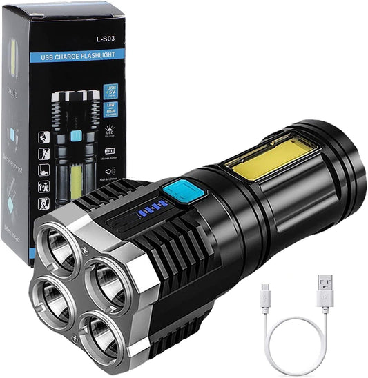 Ld03 USB Rechargeable LED Flashlight – 4-Core High-Power Torch, Compact Pocket Light with Long-Range Beam, Mini Battery Operated Emergency Flashlight for Camping & Outdoor Use – Black