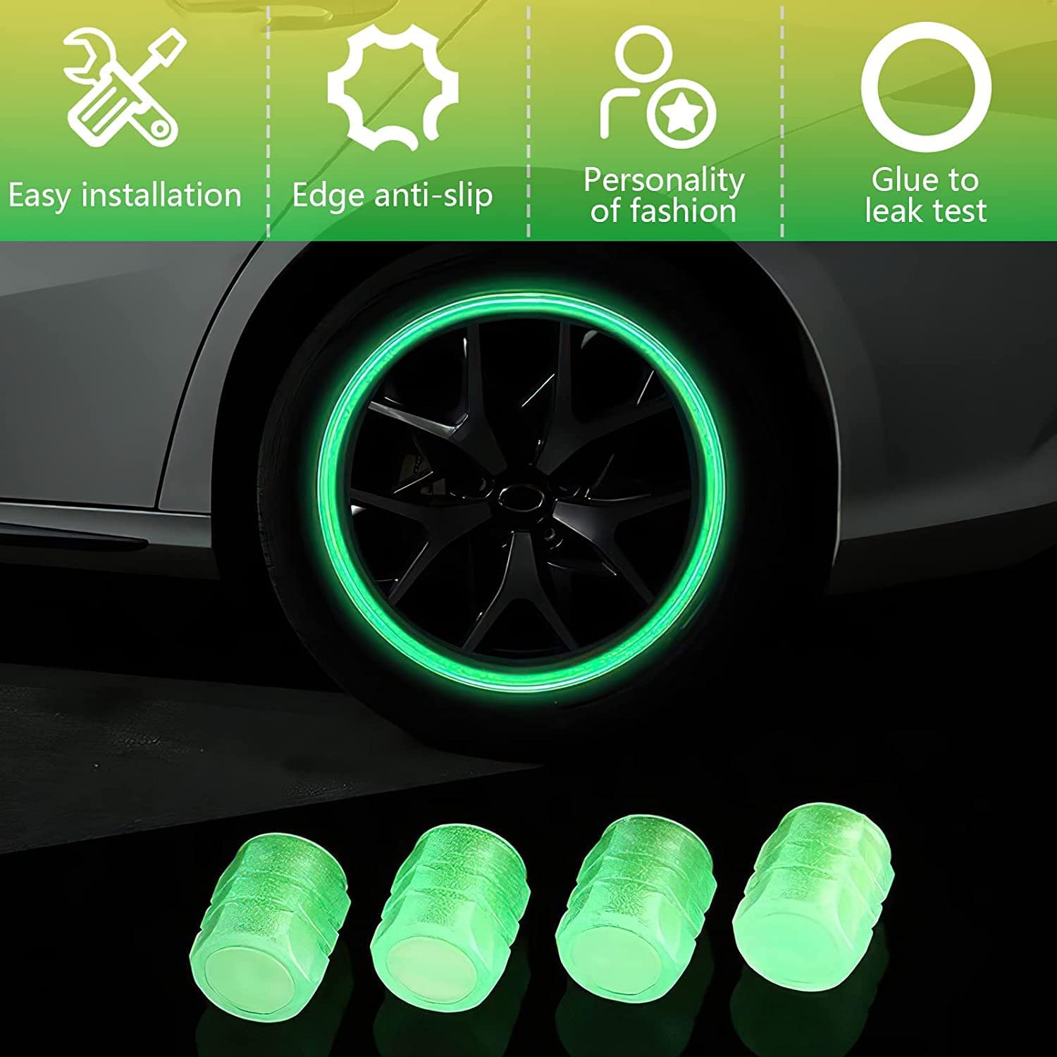 9UP® Radium Valve Cap for Vehicles - 12Pcs | Car Tyre Rim Air Caps Cover | Universal Radium Caps for Car, Truck, Motorcycles, Bike (Pack of 12, Colour – Green)