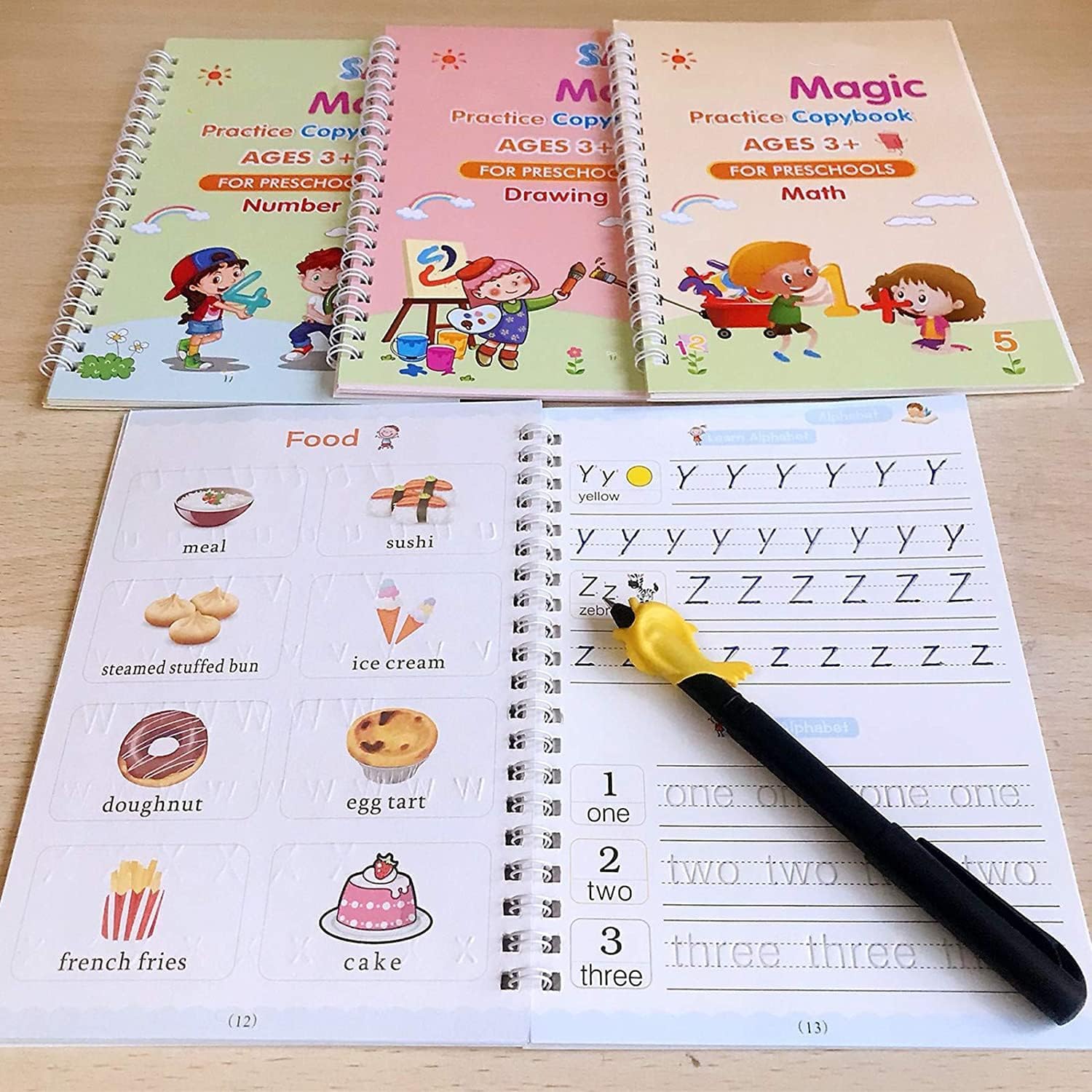 Eclet Magic Book for Kids, Sank Magic Practice Copybook, (4 Book+10 Refill+1 Pen+1 Grip) Number Tracing Book for Pre-Schoolers with Pen, Magic Calligraphy Copybook Set Writing Tool for Kids(F)