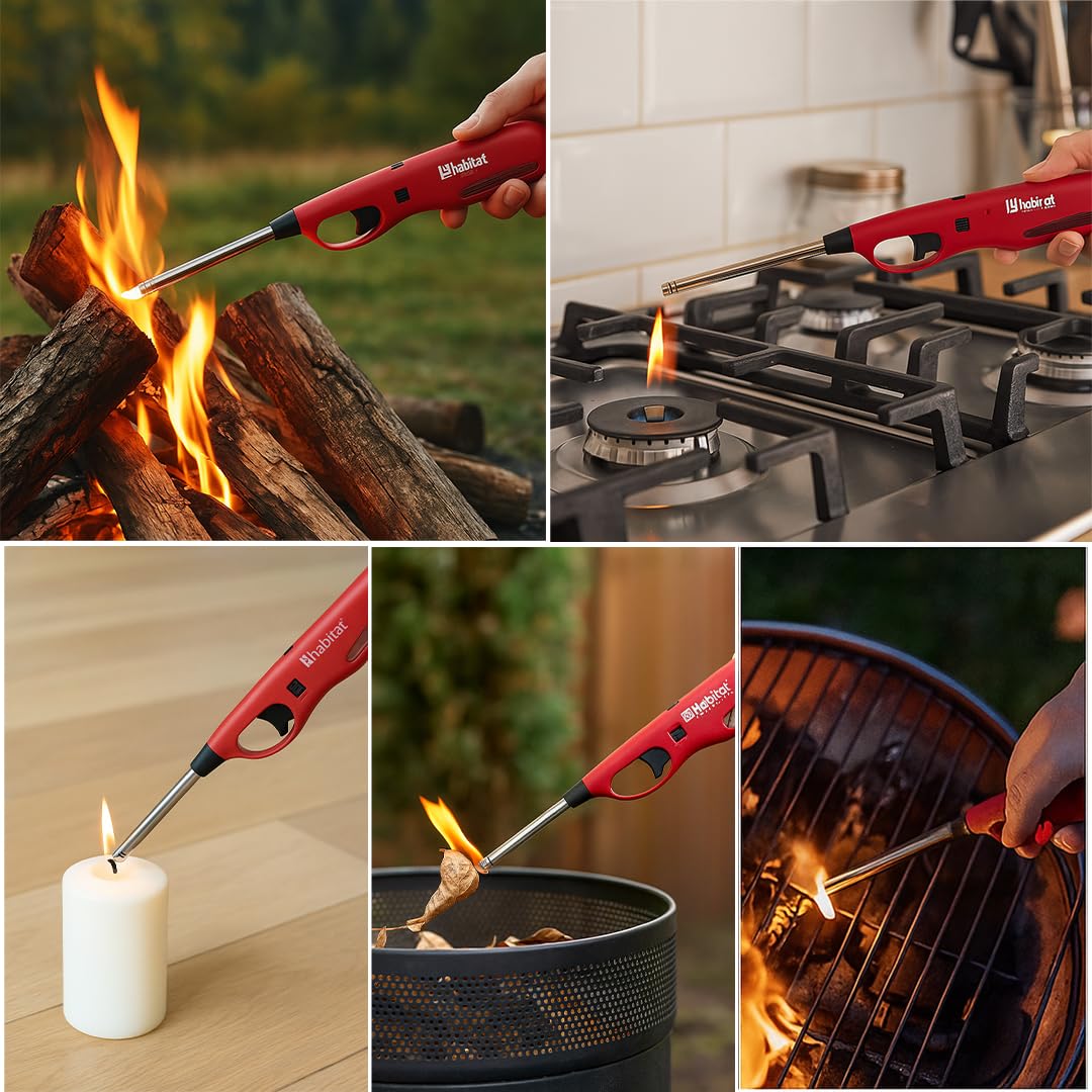 Habitat Refillable Gas Lighter for Kitchen & Home Use | Multipurpose Lighter for Gas Stove, Diya, Candle, BBQ Grill, Bonfire & Camping | Adjustable Flame with Child Lock Safety (Red)