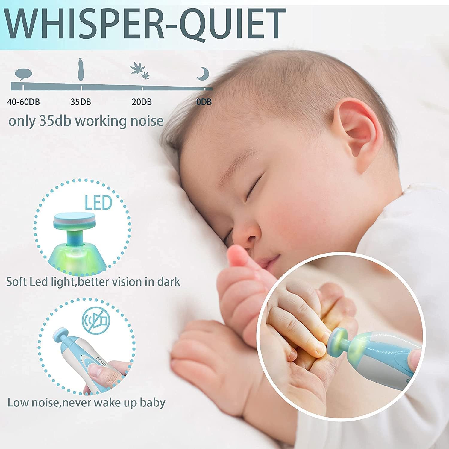 LATEHIMAK Baby Nail Trimmer New Born with Lights | Electric Baby Nail Cutter 0-6 Months with Multiple Filer Heads Adjustment | New Born Baby Products, Pack of 1