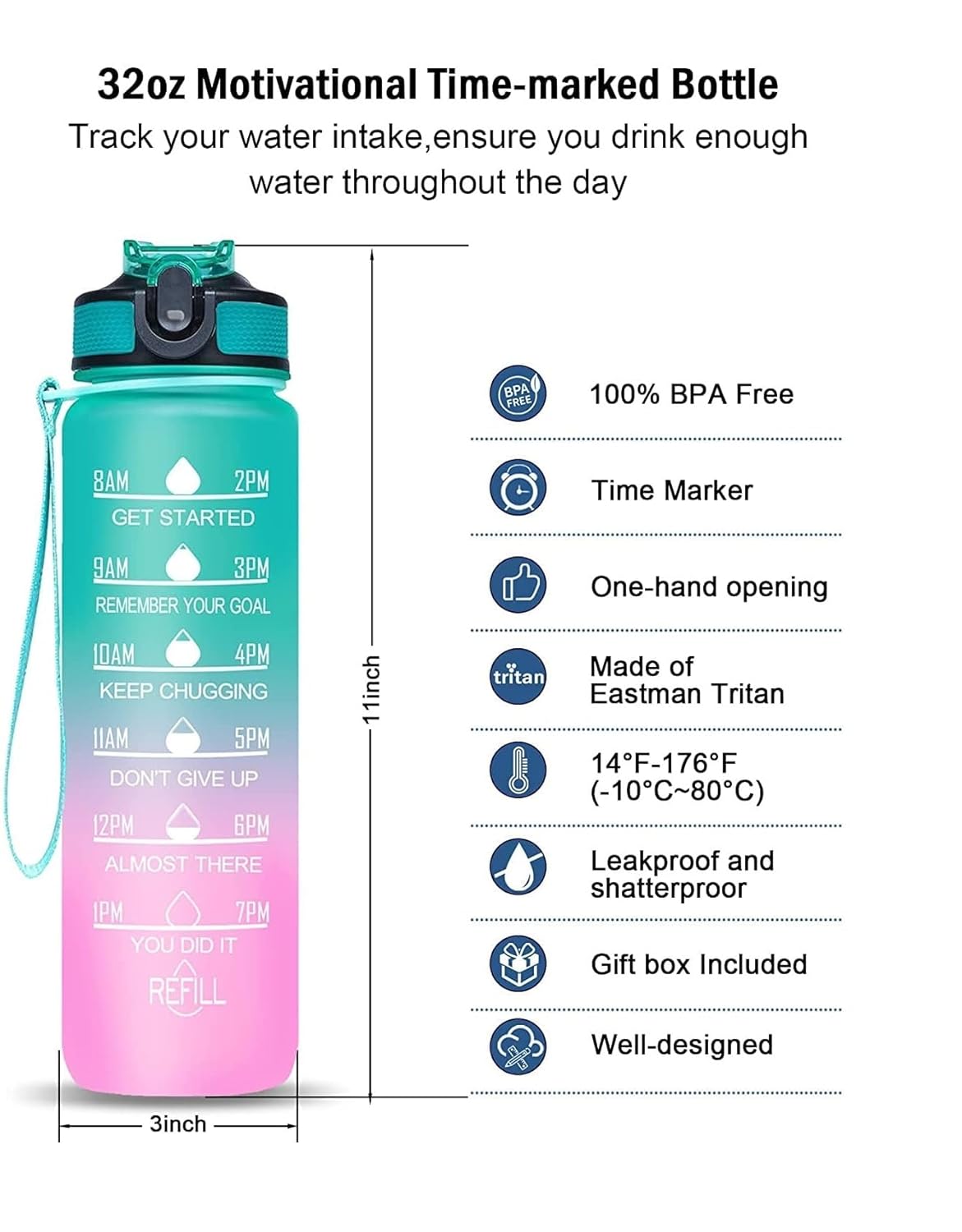 Motivational Water Bottle 1-L Sipper Bottle For Adults With Time Measurement BPA Free Non-Toxic Water bottle for |office|school|collEge|gym-1L PINK COLOR, Plastic
