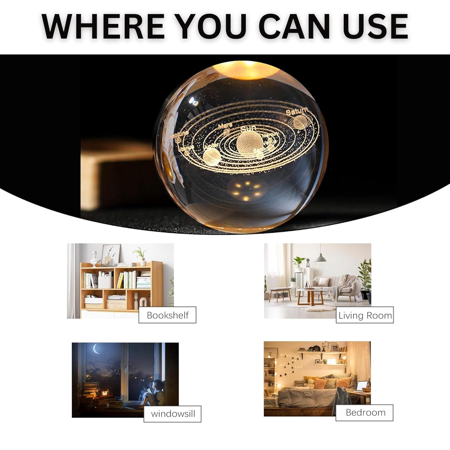 Universe Crystal Ball LED Night Lamp, Creative Engraved Night Light Wooden Base, Warm White Decorative Table Lamp for Home, Office, Bedroom, Birthday Gift (Solar Planet)