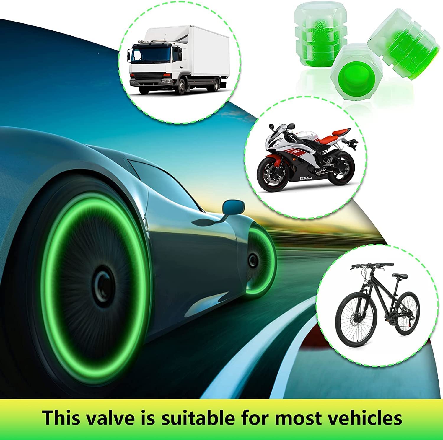 9UP® Radium Valve Cap for Vehicles - 12Pcs | Car Tyre Rim Air Caps Cover | Universal Radium Caps for Car, Truck, Motorcycles, Bike (Pack of 12, Colour – Green)