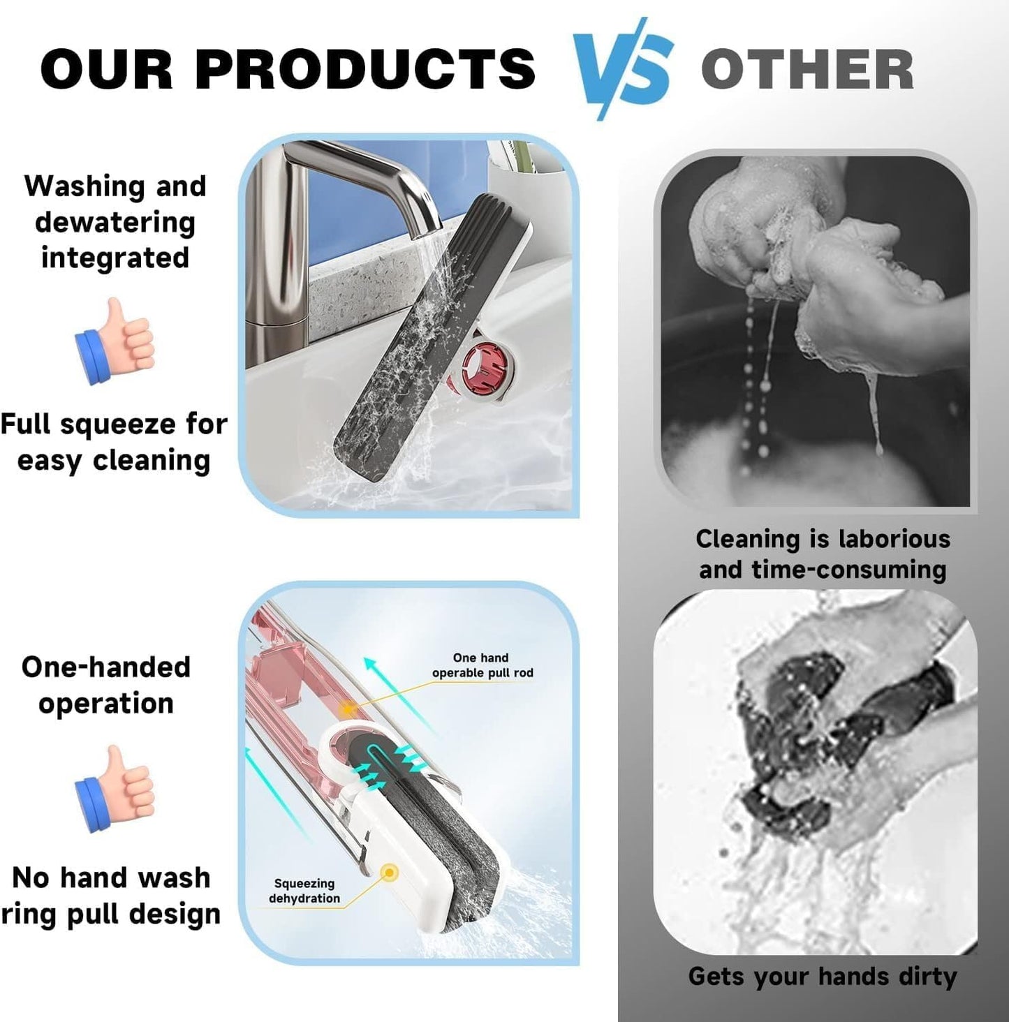 Qonetic Mini Mop for Kitchen with Sponges Portable Self Squeeze Strong Absorbent Magic Wiper for Kitchen Small Sponge Mop Self Squeezing Wet & Dry Use for Bathroom Wall Glass Car Table Home