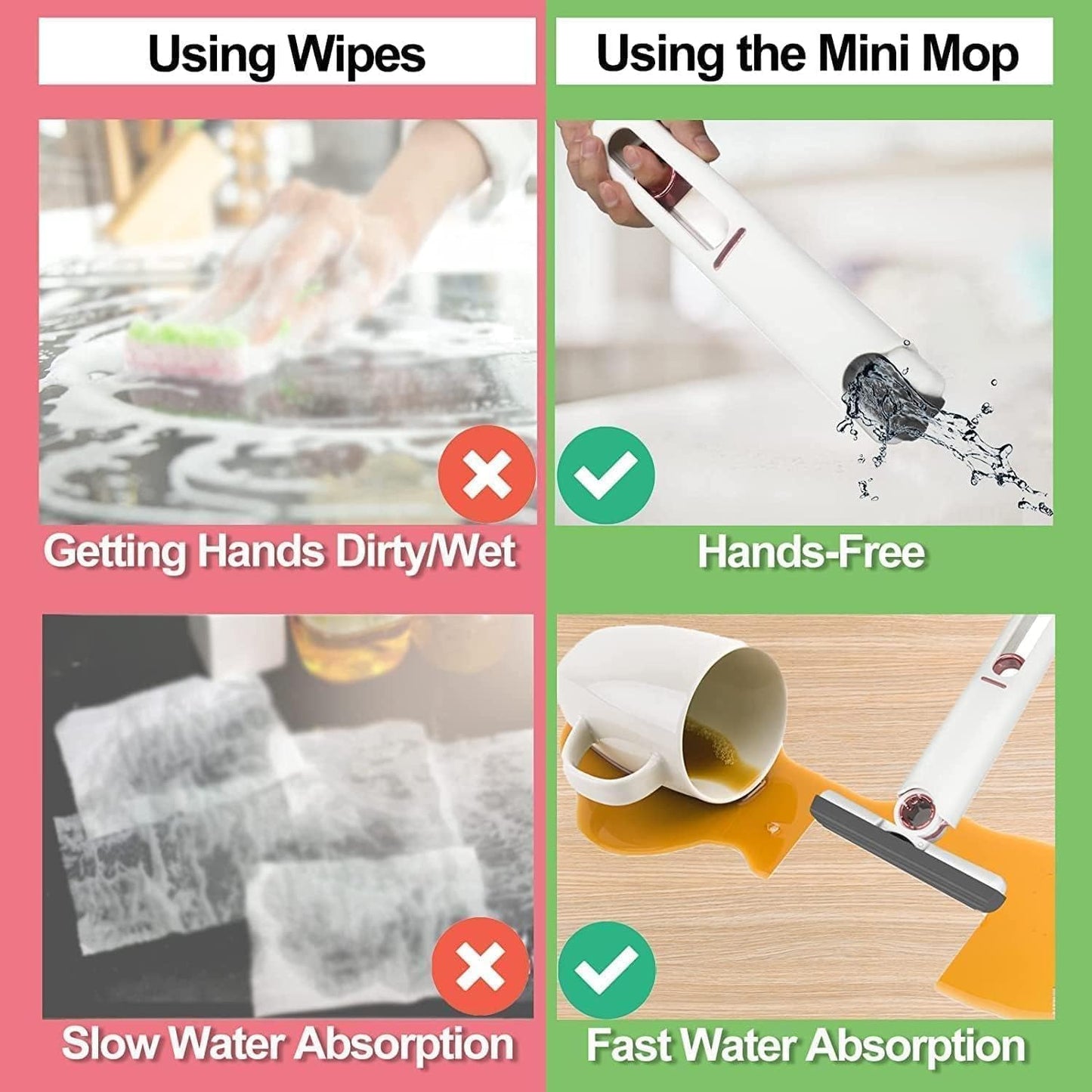 Qonetic Mini Mop for Kitchen with Sponges Portable Self Squeeze Strong Absorbent Magic Wiper for Kitchen Small Sponge Mop Self Squeezing Wet & Dry Use for Bathroom Wall Glass Car Table Home
