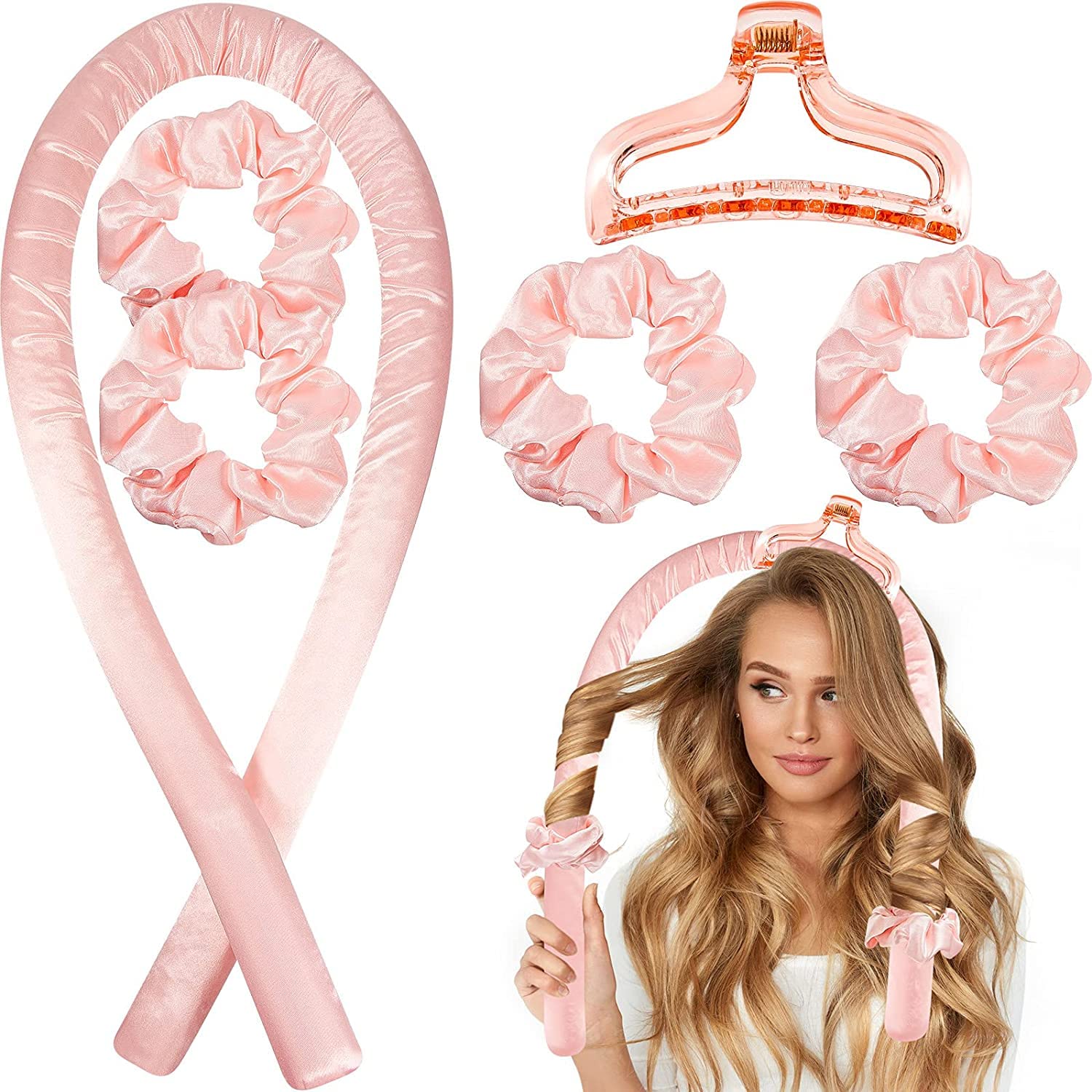 Heatless Hair Curler, Flexible Curling Rod with Hook, Satin Rollers for All Hair Types, No Heat Curls to Sleep for Curl Rods, Heatless Curls for Blowout Hair, Brown (Pink, Free)