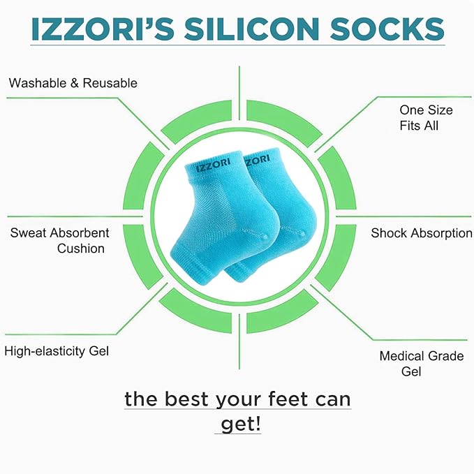 IZZORI Silicone Gel Heel Socks for Dry Hard Cracked Heel Repair Pad, Swelling & Pain Relief, Cushion Support, Foot Care, Ankle Protection, Plantar Fasciitis for Men and Women (Free Size, Blue, 1 Pair)