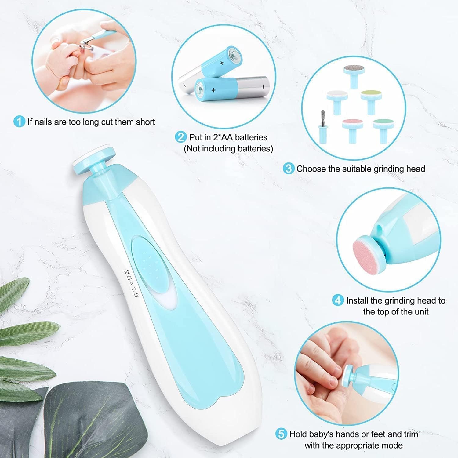 LATEHIMAK Baby Nail Trimmer New Born with Lights | Electric Baby Nail Cutter 0-6 Months with Multiple Filer Heads Adjustment | New Born Baby Products, Pack of 1