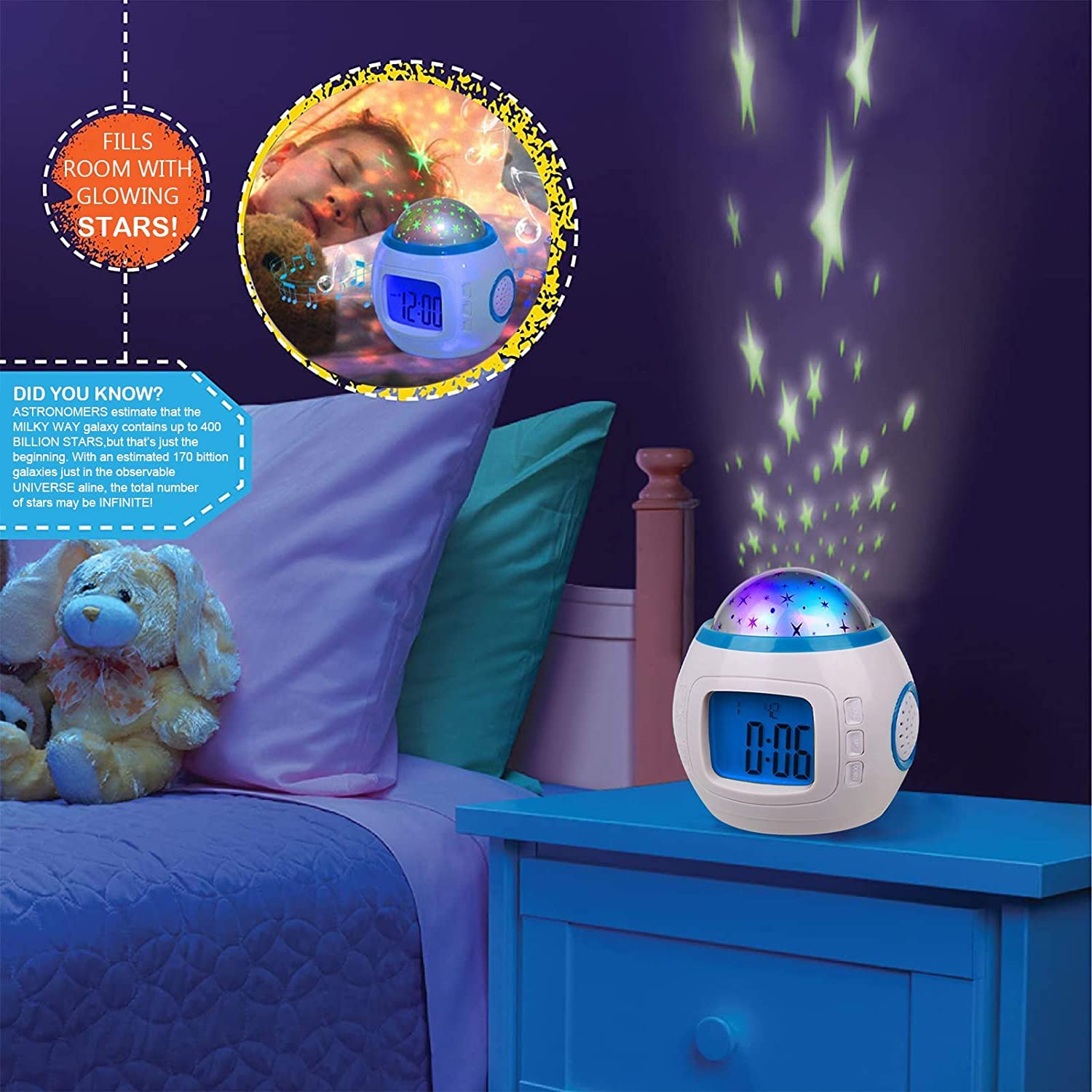 Kids Alarm Clock, Stars 7 Color Changing Night Light, LED Star Projector Starry Night Light, Digital Alarm Clock Temperature Detect for Toddler, Children Boys and Girls