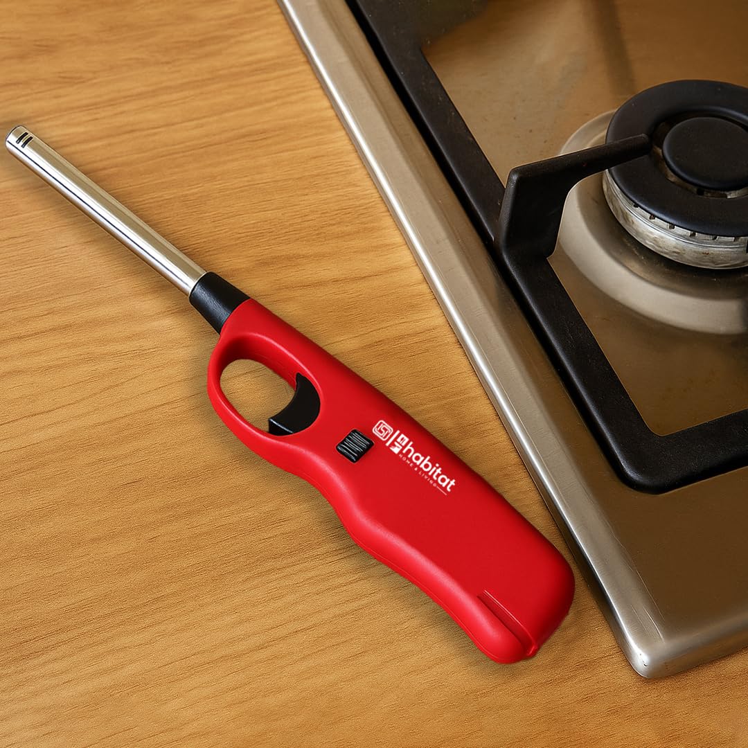 Habitat Refillable Gas Lighter for Kitchen & Home Use | Multipurpose Lighter for Gas Stove, Diya, Candle, BBQ Grill, Bonfire & Camping | Adjustable Flame with Child Lock Safety (Red)