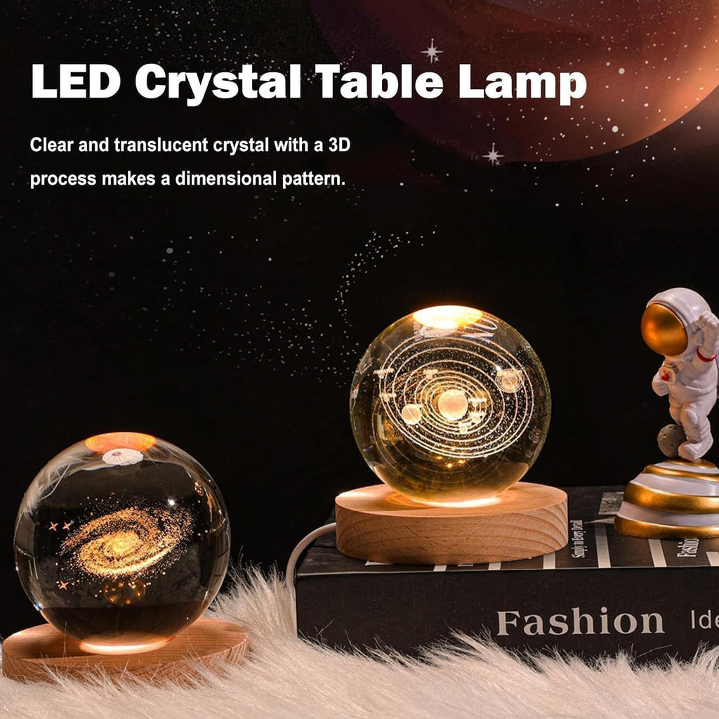 Universe Crystal Ball LED Night Lamp, Creative Engraved Night Light Wooden Base, Warm White Decorative Table Lamp for Home, Office, Bedroom, Birthday Gift (Solar Planet)