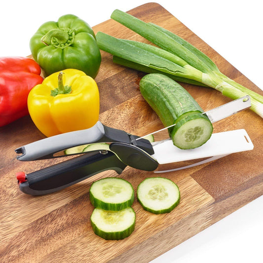 Eopzo Clever Cutter - 2 in 1 Food Chopper Multi Function Kitchen Vegetable Scissors Cutter Kitchen Knife with Spring Action - Cleaver Cutter Comes with Locking Hinge, Vegetable Chopper