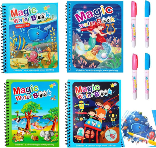 Water Marker Magic Book for Kids, 4 Different Theme Magic Books, Fun and Learn Cartoon Educational Drawing Pad, Reusable, Mess-Free Art with Quick Dry Technology