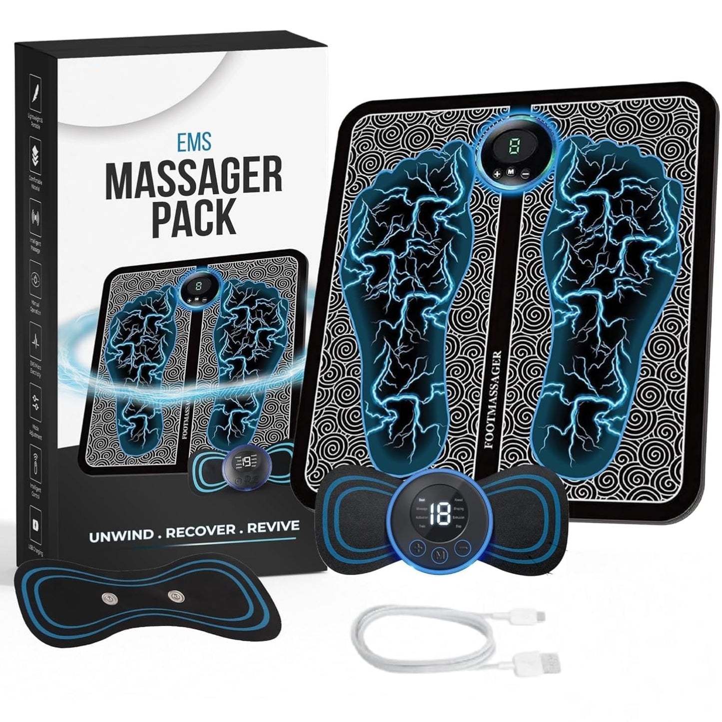 ROTONIVA (Combo) Foot Massager Pain Relief Wireless Electric EMS Massage Machine,Rechargeable Portable Folding Automatic with 8 Mode19 Intensity for Legs,Body,Hand Therapy New Model-2025 (NAVY BLUE)