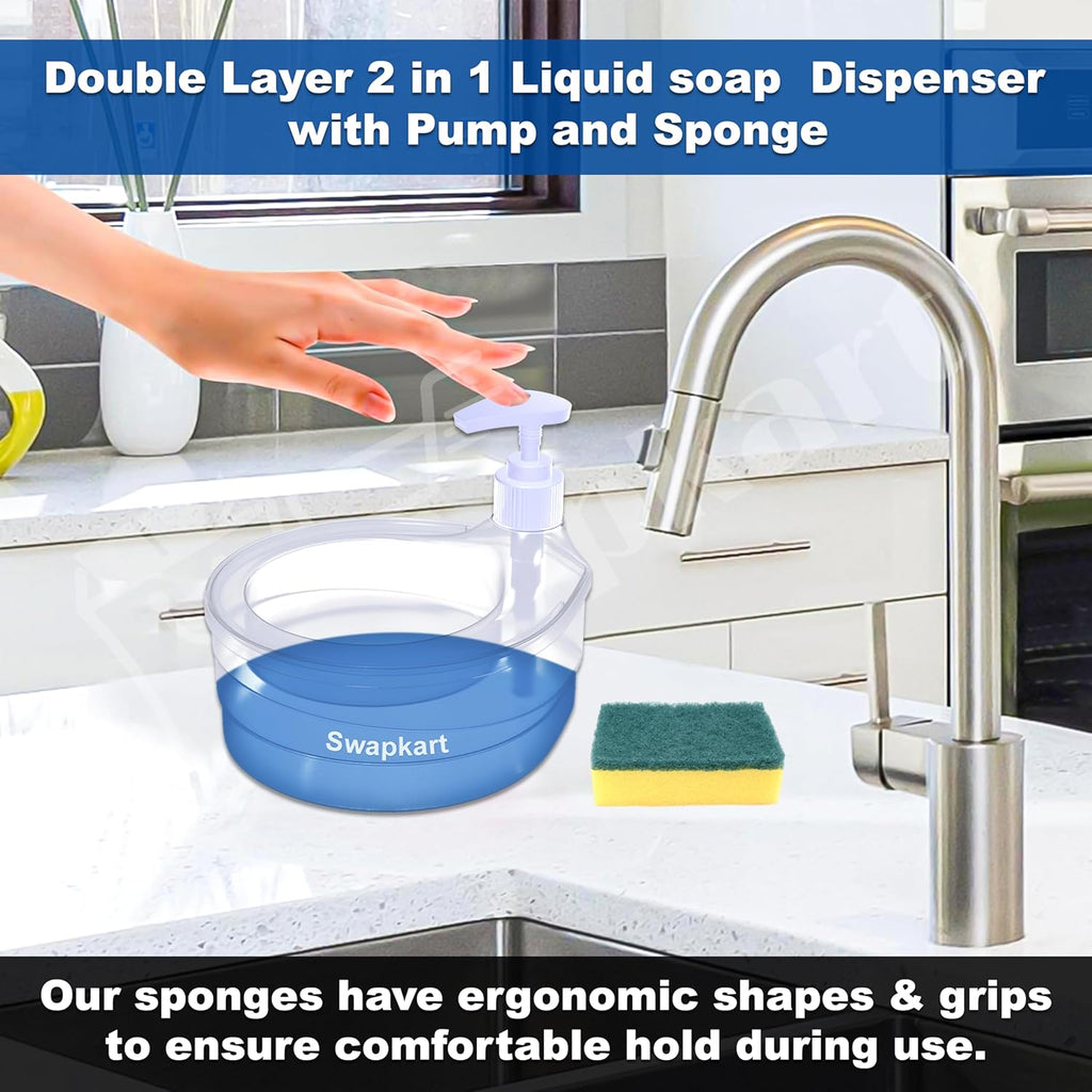 Double Layer Soap Dispenser for Bathroom Accessories Dishwasher Liquid Holder Liquid Dispenser Pump with Sponge Holder Kitchen Sink Accessories Items(Multi Colour) Plastic