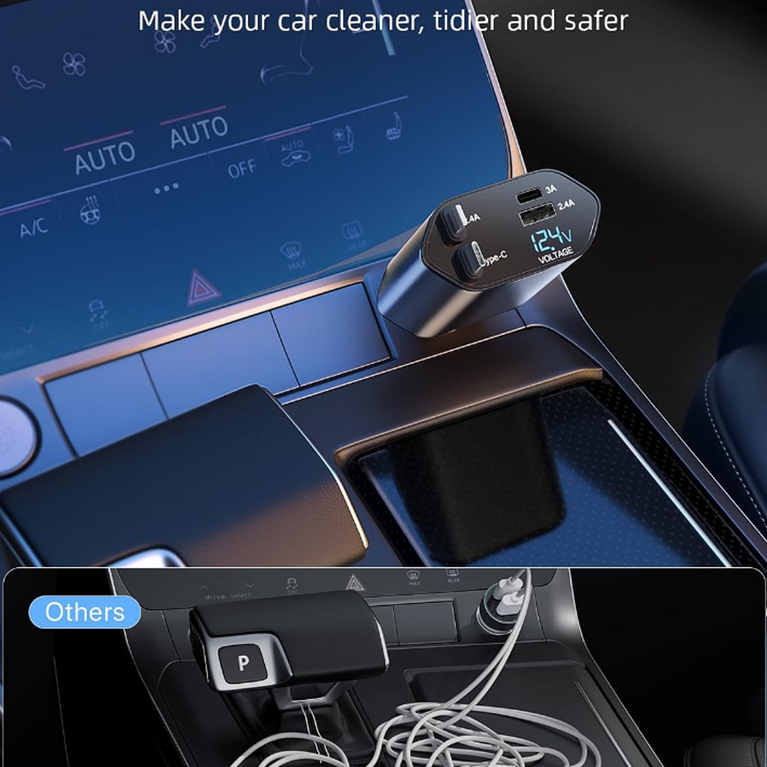 4-in-1 Super Fast Car Charger With Dual Built-in Cables Dual Usb Ports