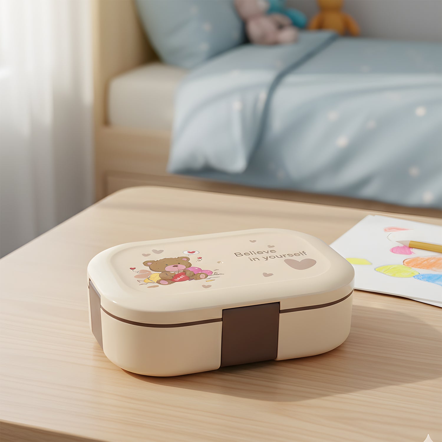 Cute Teddy Printed Kids Lunch Box (500ml  1 Pc)