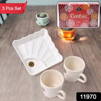 Cerntric Ceramic Tea Cup With Plastic Square Shape Serving Platter Milk Cup 3pc Set